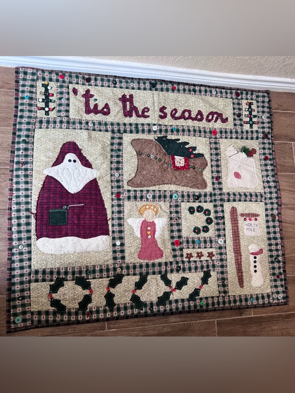Vtg Handmade Sampler Xmas Quilt 39"‎ × 45" Wall Hanging Wreath Santa Angel